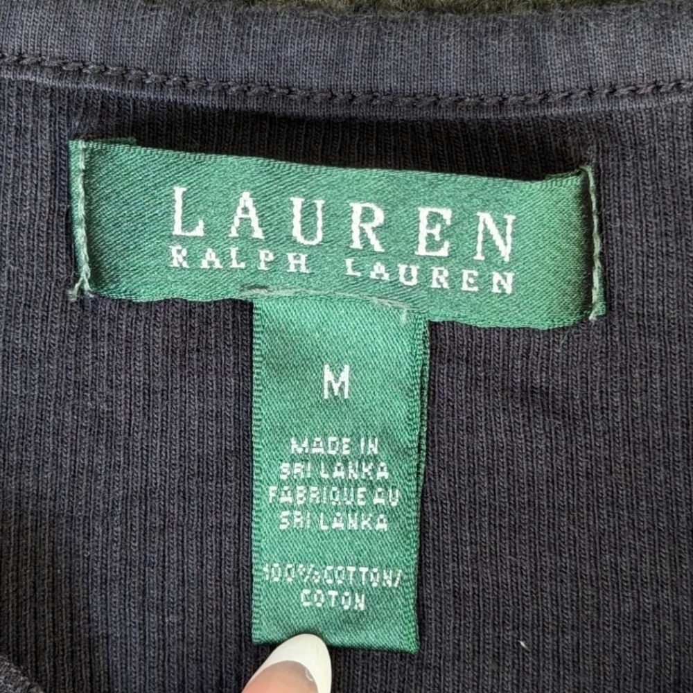 Lauren Ralph Lauren Womens Black Ribbed Ruffle V-Neck 3/4 Sleeve Cotton Top M - Picture 2 of 5